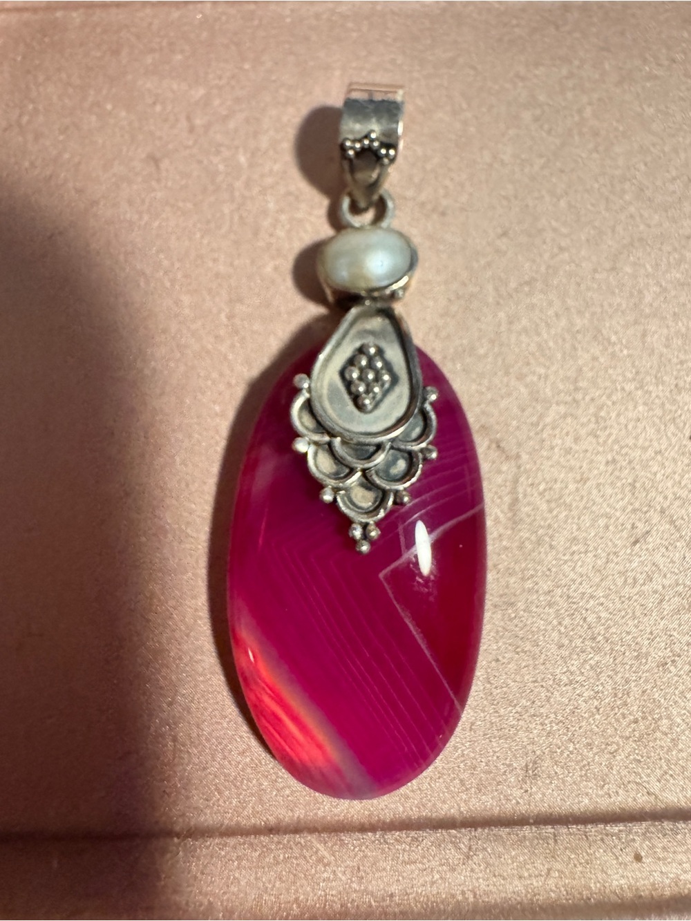 Sterling Silver Pink Agate Pendant with Pearl Accent